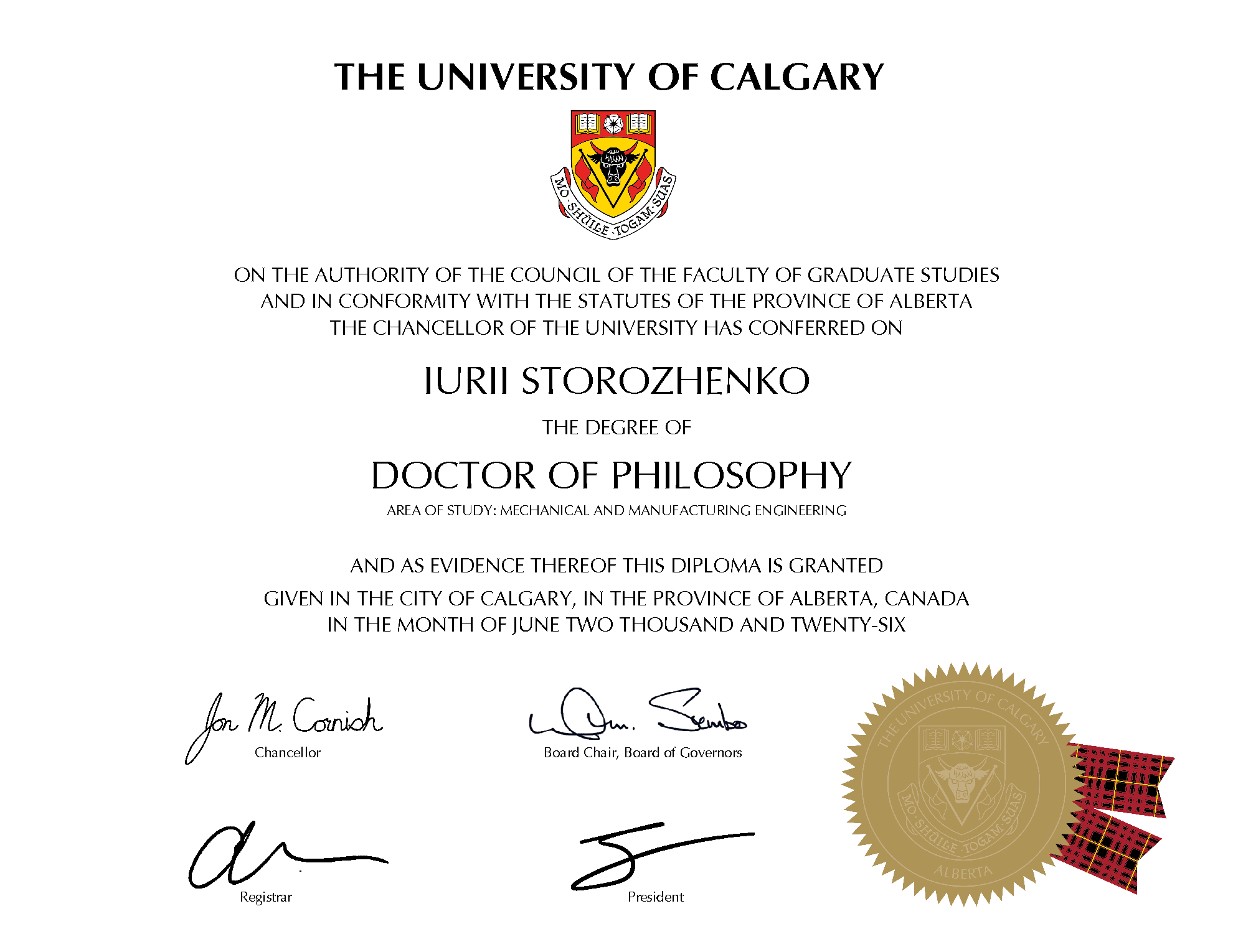 University of Calgary Doctor of Philosophy parchment awarded to Iurii Storozhenko in Mechanical and Manufacturing Engineering